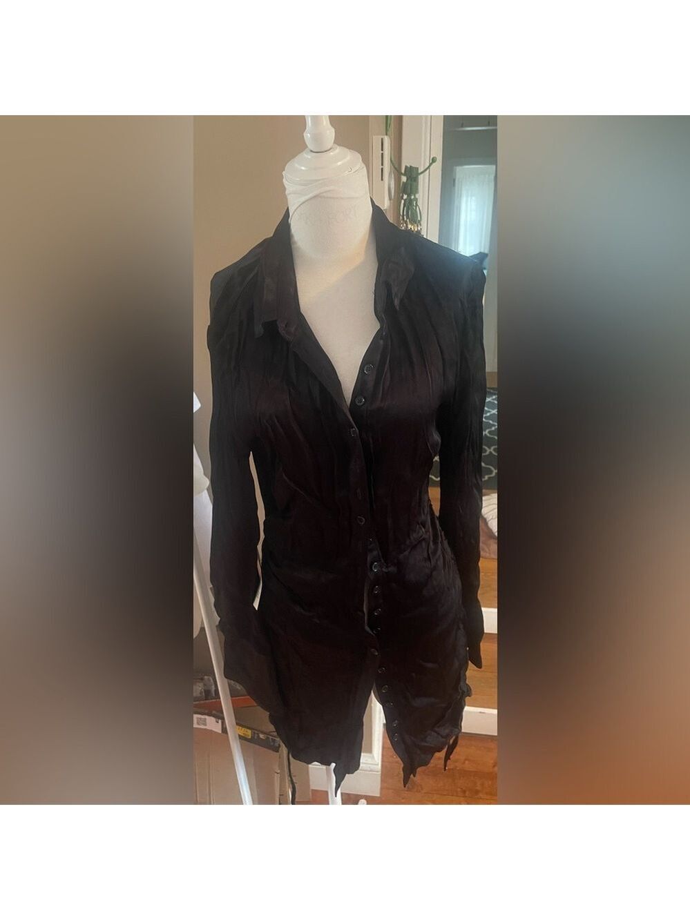 Bardot Black Satin Button-Front Shirt Dress